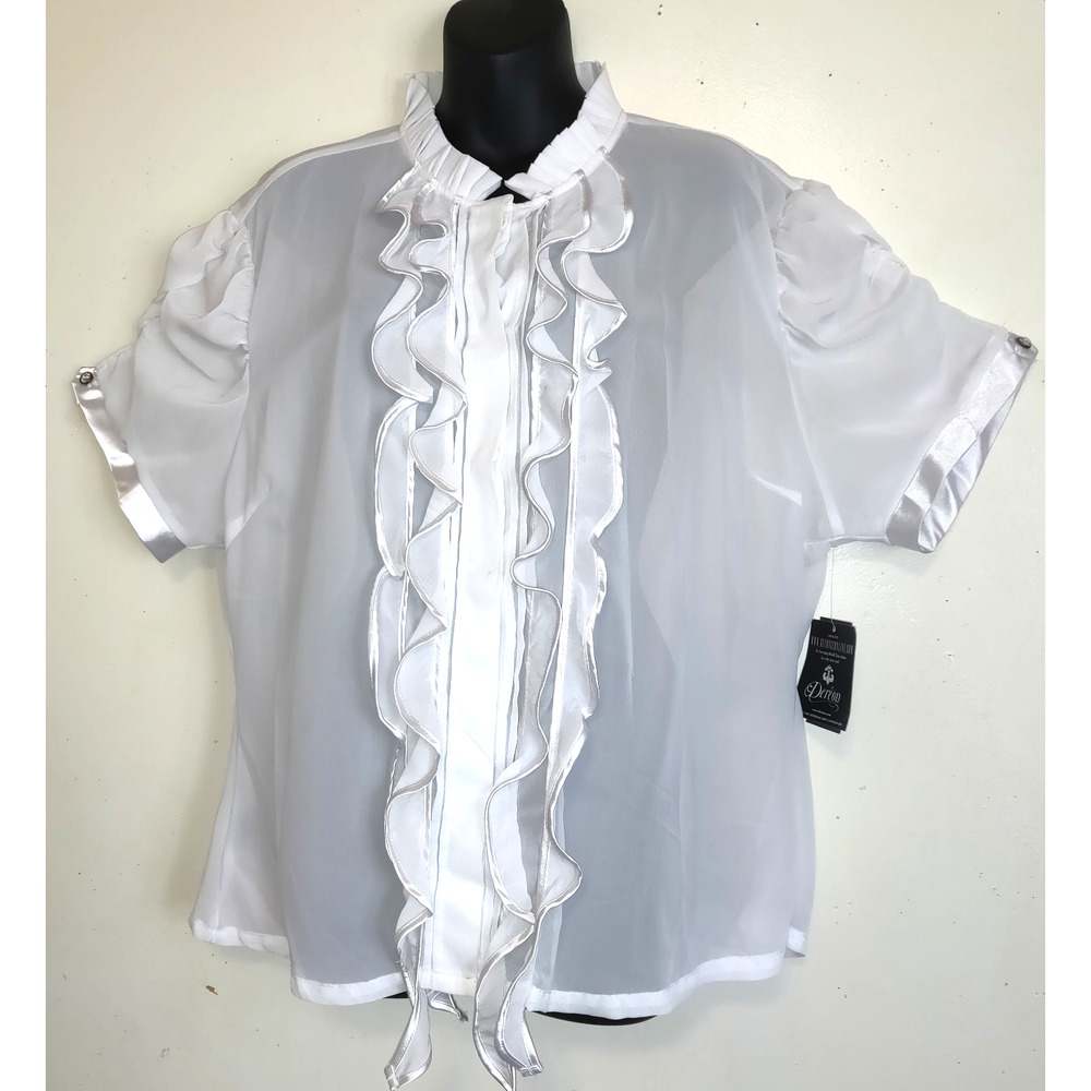 Dereon Sheer White Blouse PLUS Sz 3X Beyonce 2009 Ruffles Romantic FLAW High Nec